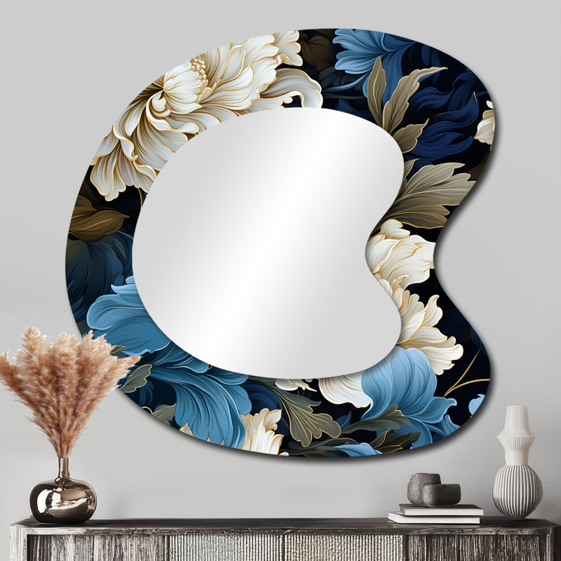 Astral Blue White Damask Radiance I - Miroir mural décoratif damassé bohémien, 33 po x 33 po