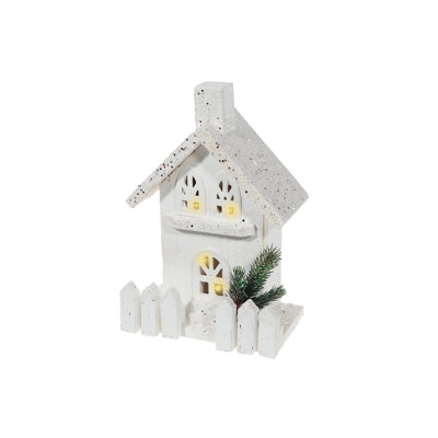 Maison en bois avec clôture en bois à DEL enneigée avec clôture