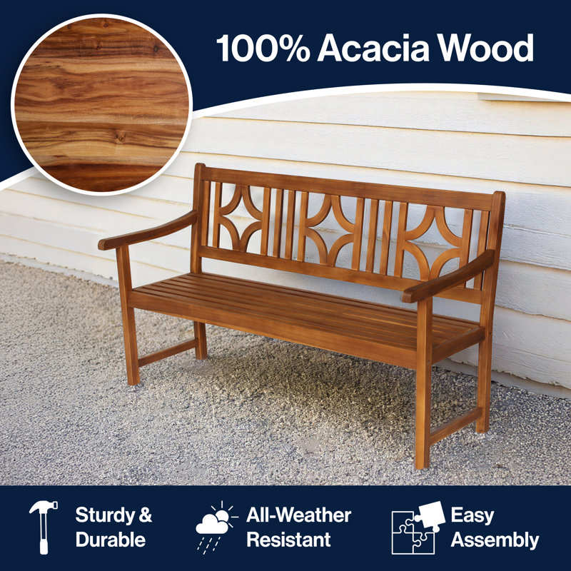 Banc d'extérieur 59 po en bois d'acacia massif avec dossier géométrique Sloane, Teck