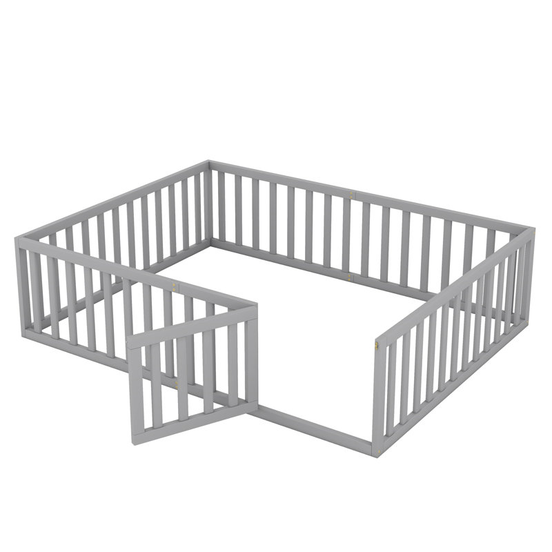 Wood Floor Bed Frame With Fence And Door, Grey, Queen
