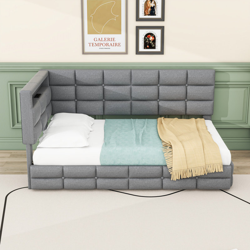 Lit de jour simple rembourré avec 2 tiroirs et lumières DEL, Beige