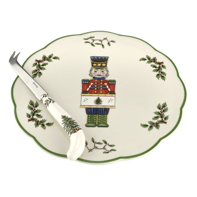 Spode - Arbre de Noël - Assiette à fromage casse-noisette avec couteau, ensemble de 2