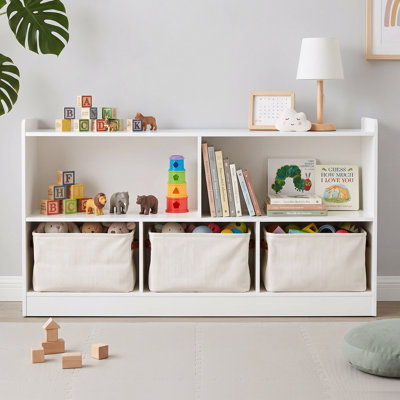 Kids Toy Storage Organizer with Bookshelf, 5 Cubbies and 3 Removable Storage Bins, Low Bookcase for Playroom, Bedroom or Classroom