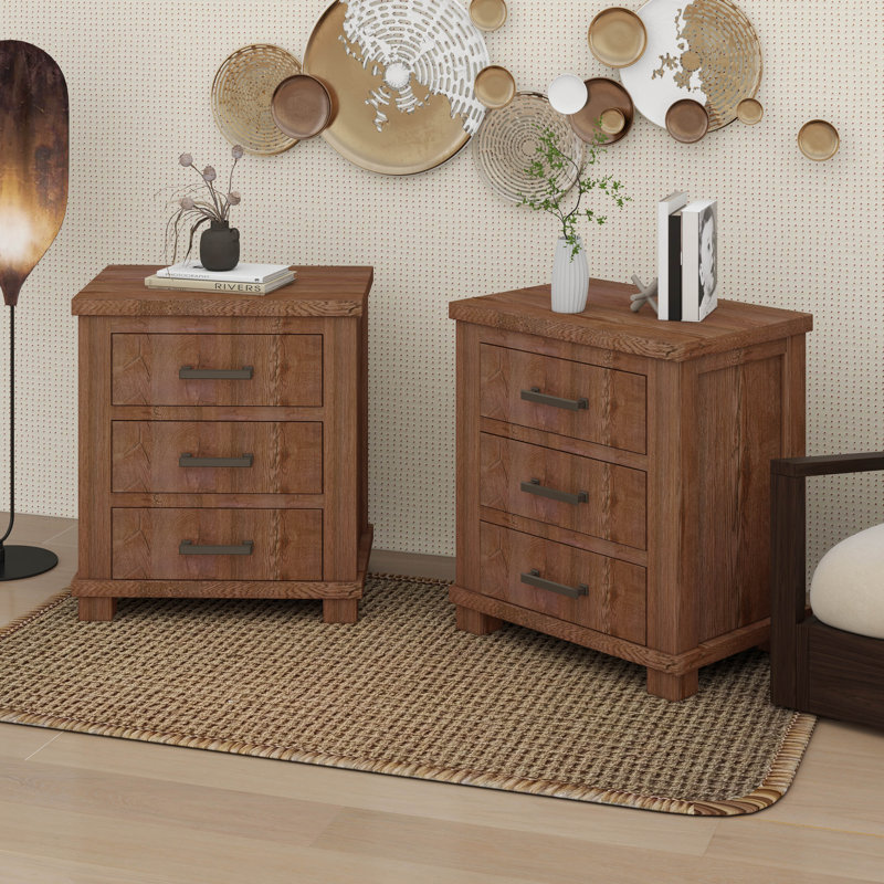 Rustic Three Drawer Reclaimed Solid Wood Farmhouse Nightstand Set Of Two