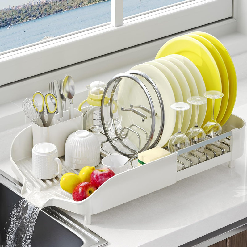 White Stainless Steel Foldable Dish Drying Rack with Utensil Cup
