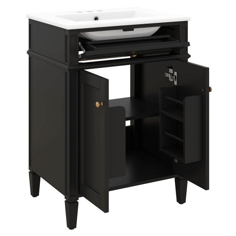 Meuble-lavabo de salle de bain 24 po avec lavabo, armoire de rangement moderne avec 2 portes à fermeture douce et un tiroir basculant, structure en bois massif