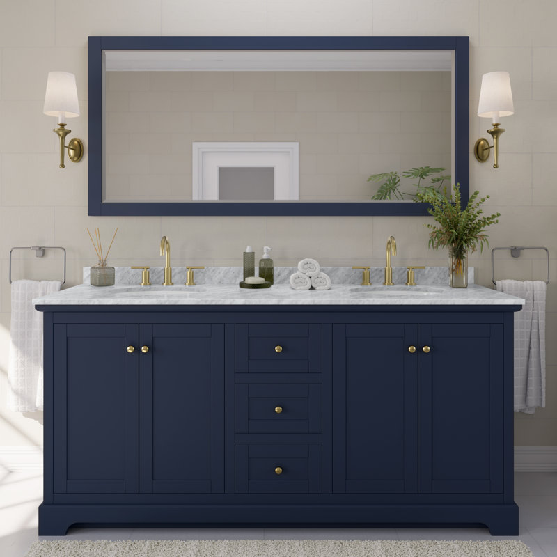 Avery 72'' Double Bathroom Vanity with Stone Top, Dark Blue, Brushed Gold