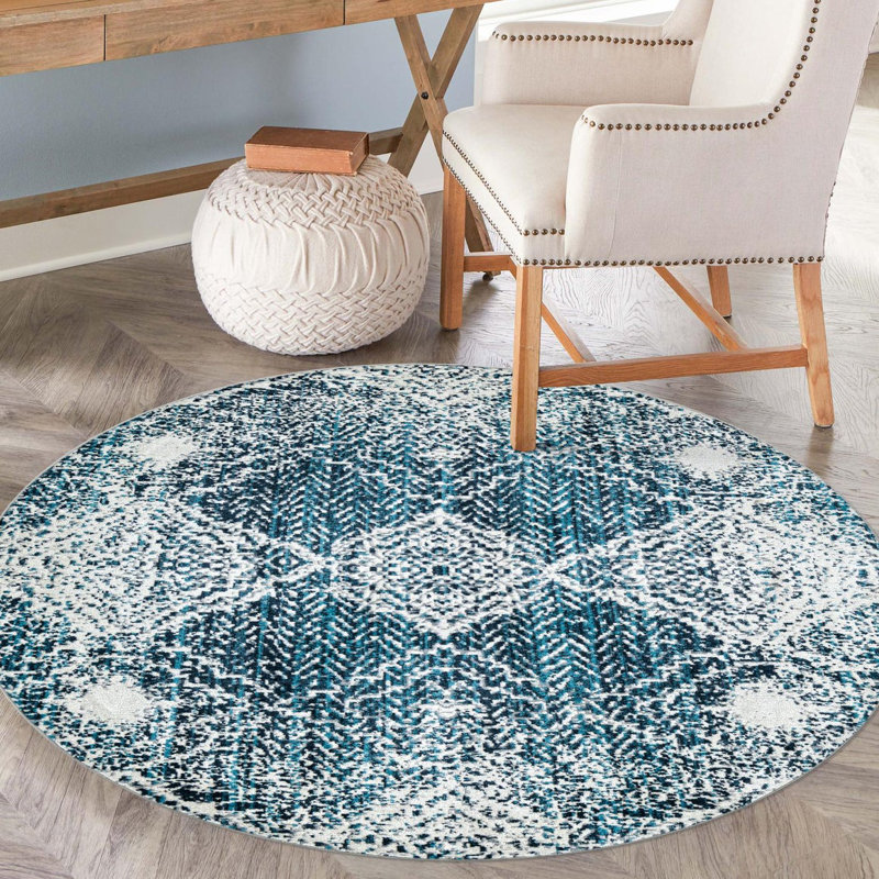 Tapis bleu marine / ivoire en polyester tissé à la machine Massie, Rond 7 pi 10 po