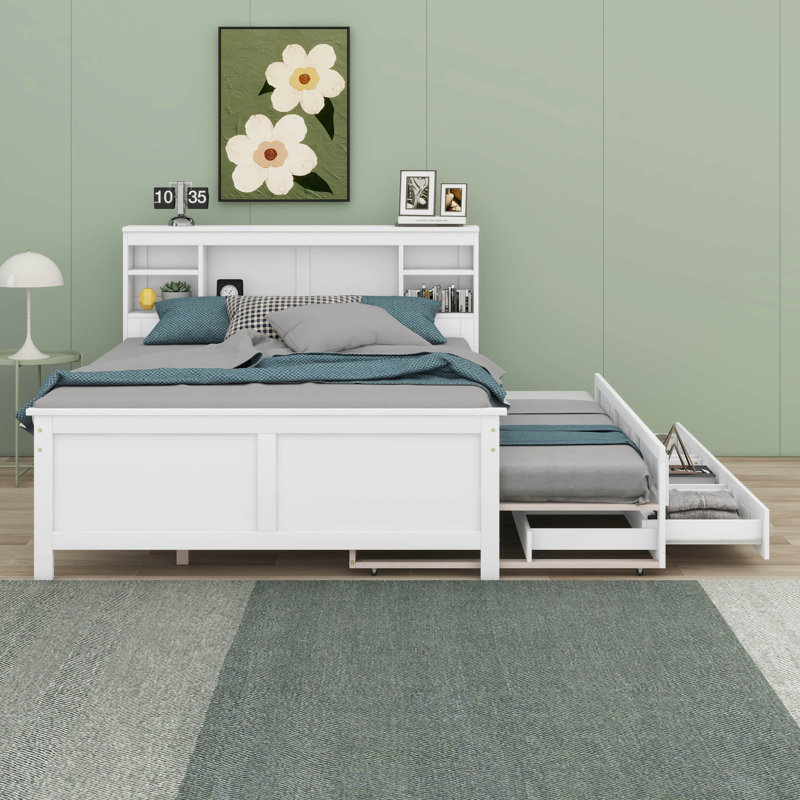 Nyliah Platform Bed with Storage Headboard, USB, Trundle and 3 Drawers, Full / Double, White