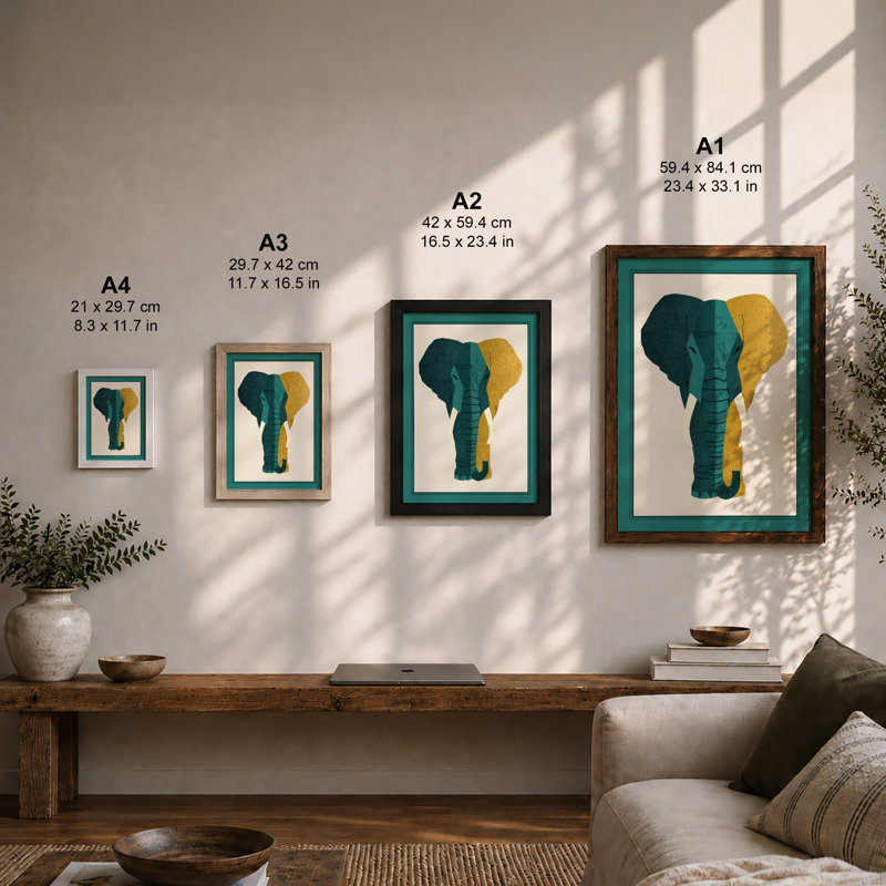 Geometric Elephant Art Deco - Framed Print, Unframed, A3 - 42.0 x 29.7 cm