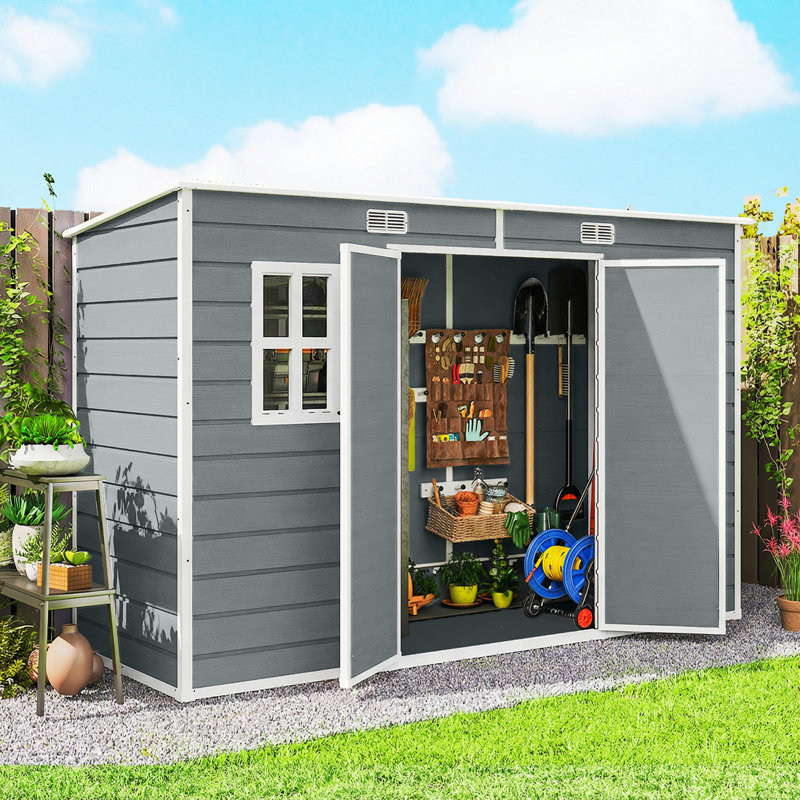 Outsunny 10 x 4 ft Plastic Garden Shed, Outdoor Storage Resin Shed with Floor, Double Windows, Lockable Doors and Vents, for Tools, Bike