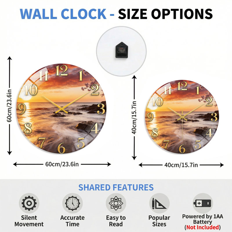 Horloge murale décorative moderne en verre Sunset Beach, 40 x 40 cm (15,7 x 15,7 pouces)