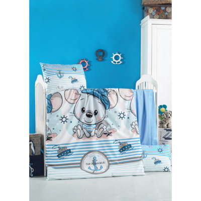 Ensemble de housse de couette 100% coton Ranforce Baby, 39,4 po x 59,1 po | Comprend une housse de couette, un drap plat et 2 taies d'oreiller | Doux et confortable, lavable à la machine, fermeture à boutons et enveloppes | Blanc, bleu, gris et rose