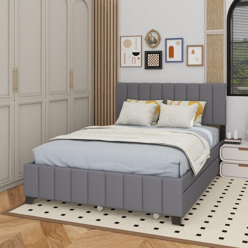 Queen Size Velvet Upholstered Platform Bed With 2 Drawers And 1 Twin XL Trundle, Gray