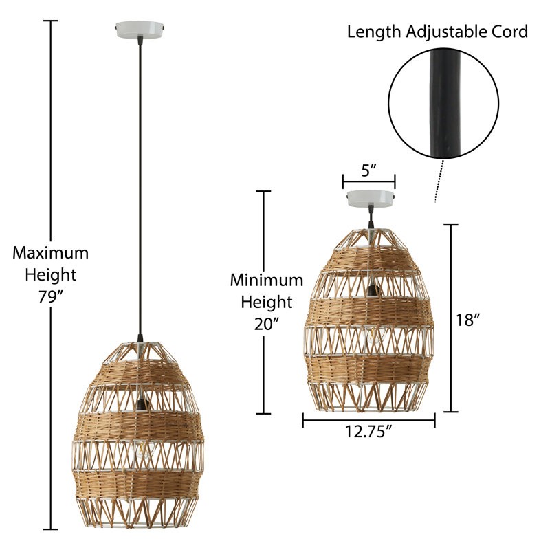 12.75"W 1-Light Okmulgee Rattan and Metal Pendant