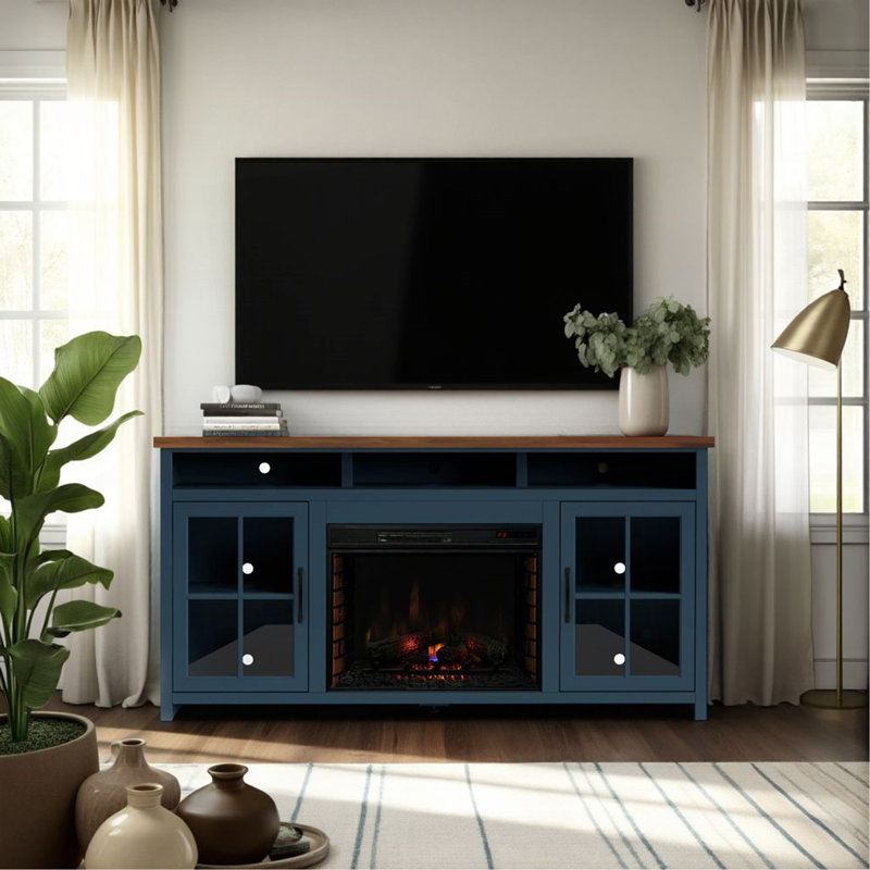 Meuble télé 74 po pour téléviseur de 85 po ou moins, assemblage minimal, denim bleu et finition whisky, Bleu
