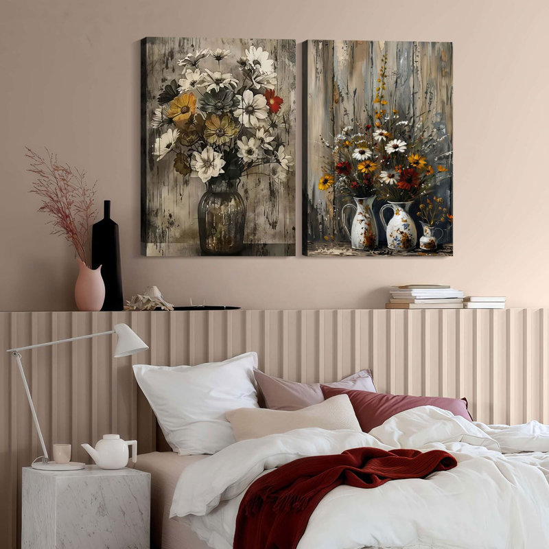 2Pcs Framed Rustic Metal Vase Wall Art Canvas Home Vintage Floral Farmhouse Decor Country Style Indoor Kitchen Living Room Bedroom Home Office Dining Ready To Hang 24X16 Inch