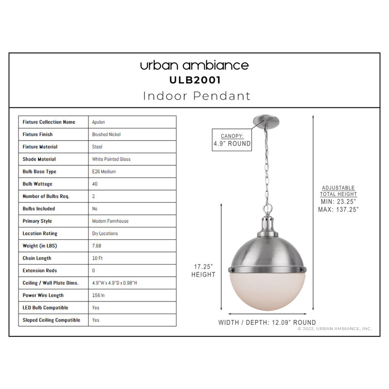 Luminaire suspendu sphère 2 lumières Valia, Nickel brossé