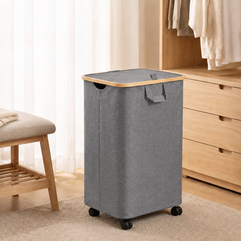 Panier à linge roulant avec couvercle et roulettes, grand panier à linge de 26 gallons (100 L) avec poignée en bambou, bac de rangement pour la chambre à coucher, la salle de bain, le dortoir et la salle de lavage