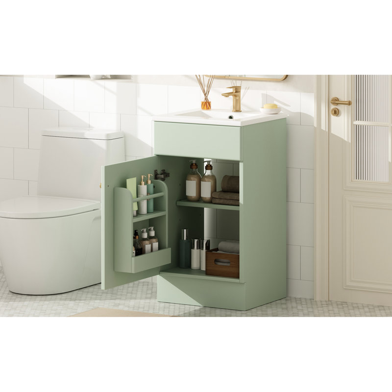 Meuble-lavabo de 18 pouces avec trou de robinet à un trou pré-percé, support de rangement et mécanisme de fermeture en douceur pour une porte pratique