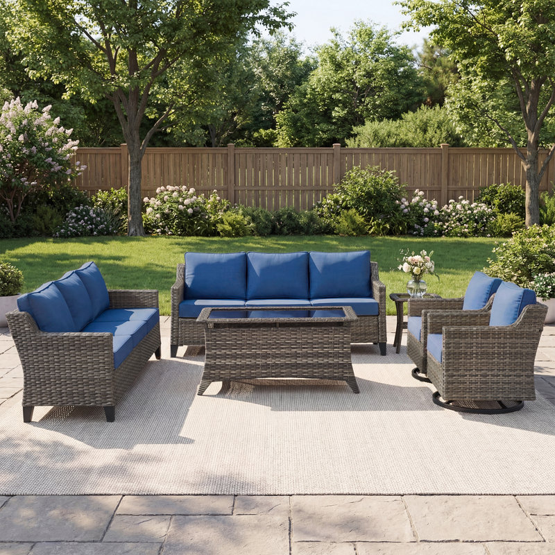 Arlene 8-Person Outdoor Wicker Family Party Conversation Set With Swivel Chairs And 45.7" Coffee Table, Blue