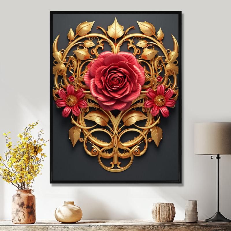 Rose rouge ornementale or - impression d'art mural rose, Toile avec cadre flottant noir, H 40 po x l 30 po x P 1,5 po