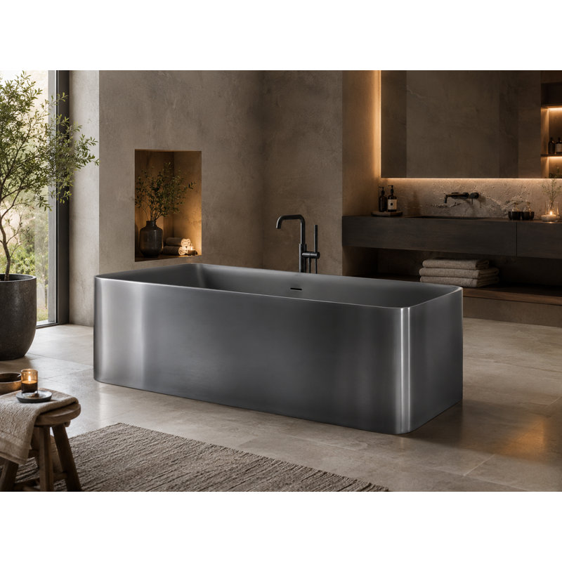 Vast Studio 70.9” x 31.7” Aged Silver/White Freestanding Rectangular Bathtub – Deep Soaking Luxury Tub with Minimalist Architectural Design & Metallic Premium Finish