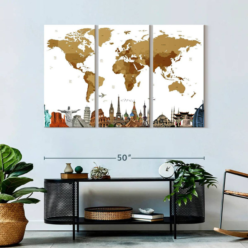Carte du monde en bronze 3 pièces, H 32 po x l 50 po x P 1,25 po