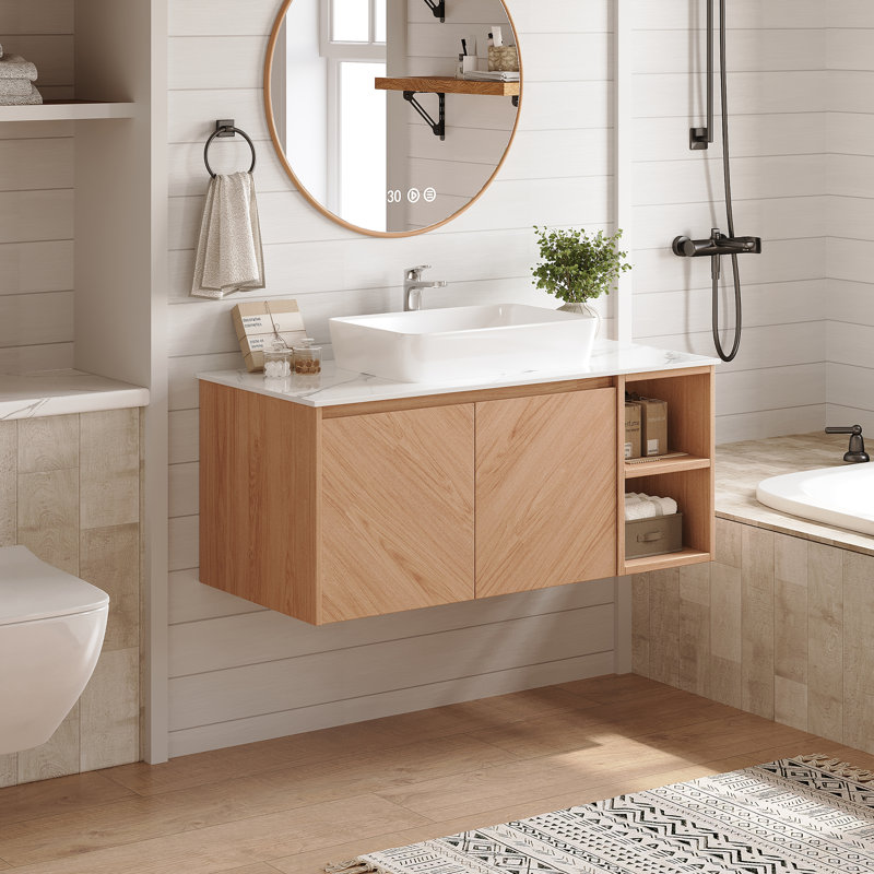 Meuble-lavabo simple 36 po avec lavabo, meuble-lavabo flottant avec plateau en pierre frittée 36 po, Blanc, Bois naturel