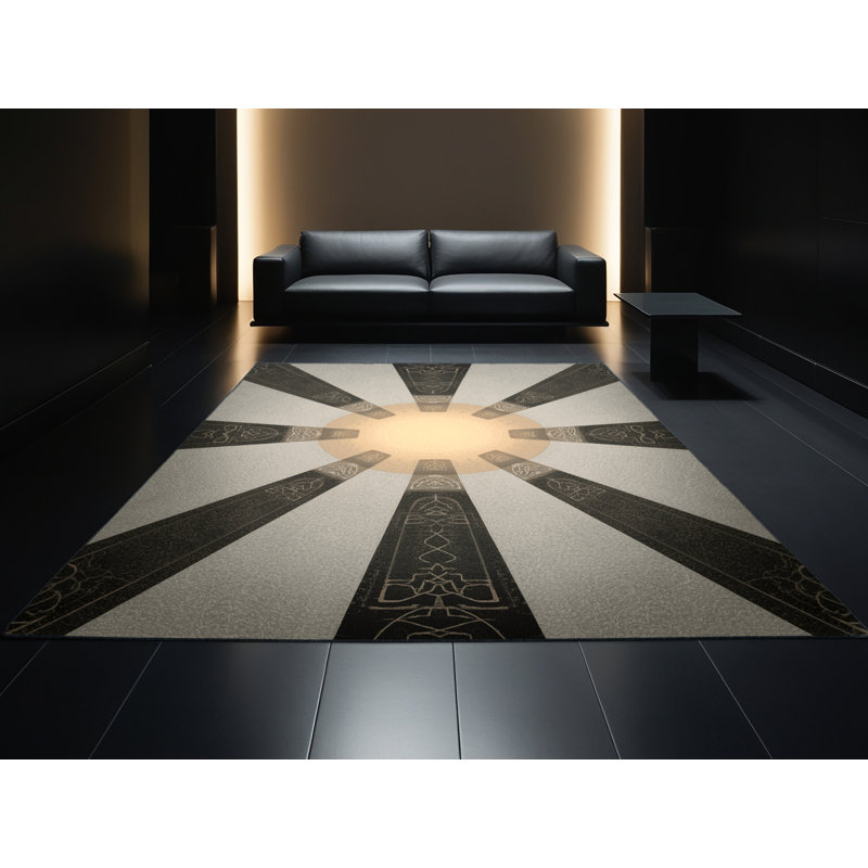 Tapis noir lavable à la machine à motif géométrique de cercles rituels en noir Titus, 8 x 12