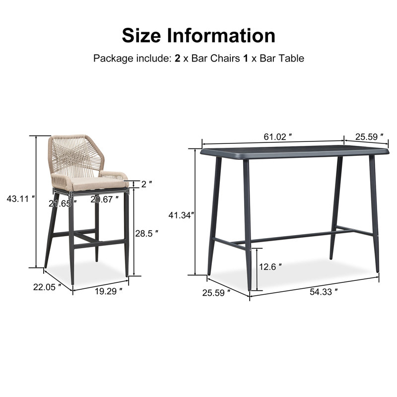 Mahi 2 - Person Metal Patio Dining Set With Rectangular Table , Cushions Included, Black