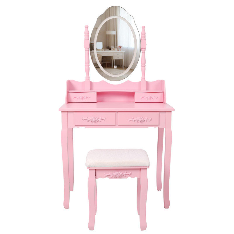 Ensemble de coiffeuse avec miroir et tabouret rembourré Pink Princess, Rose