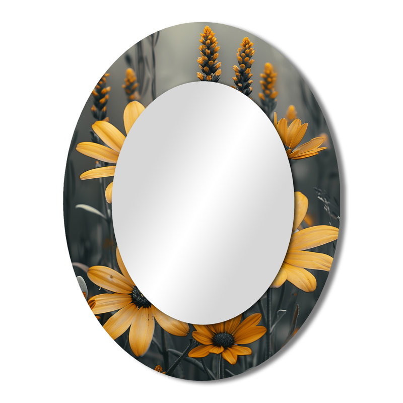 Miroir mural jaune et gris avec motif rétro et fleurs sauvages, 43 po x 33 po