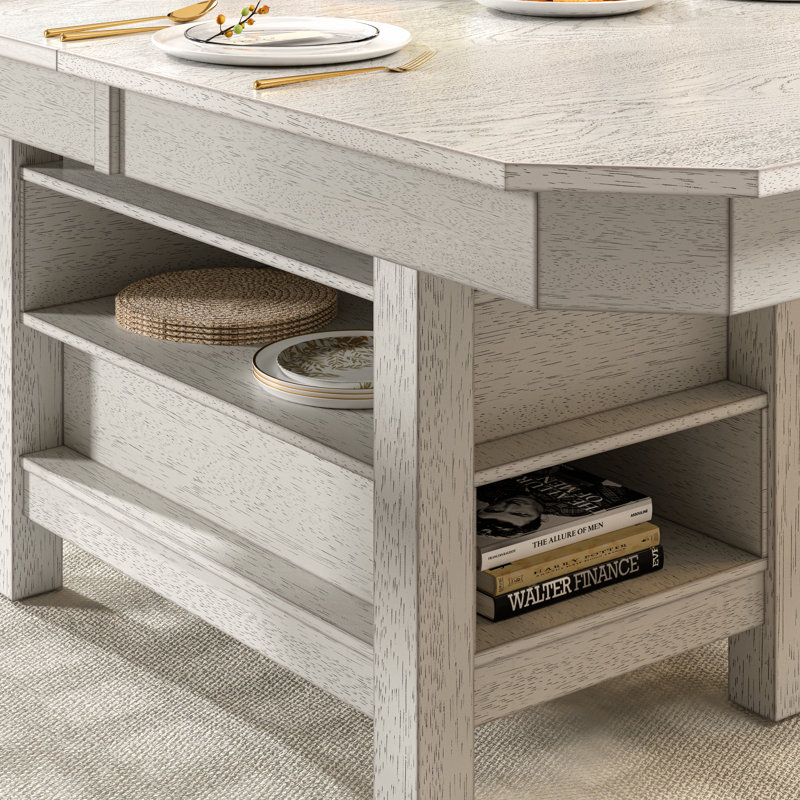 Table de salle à manger avec rangement en bois massif gris mat pour 6 personnes