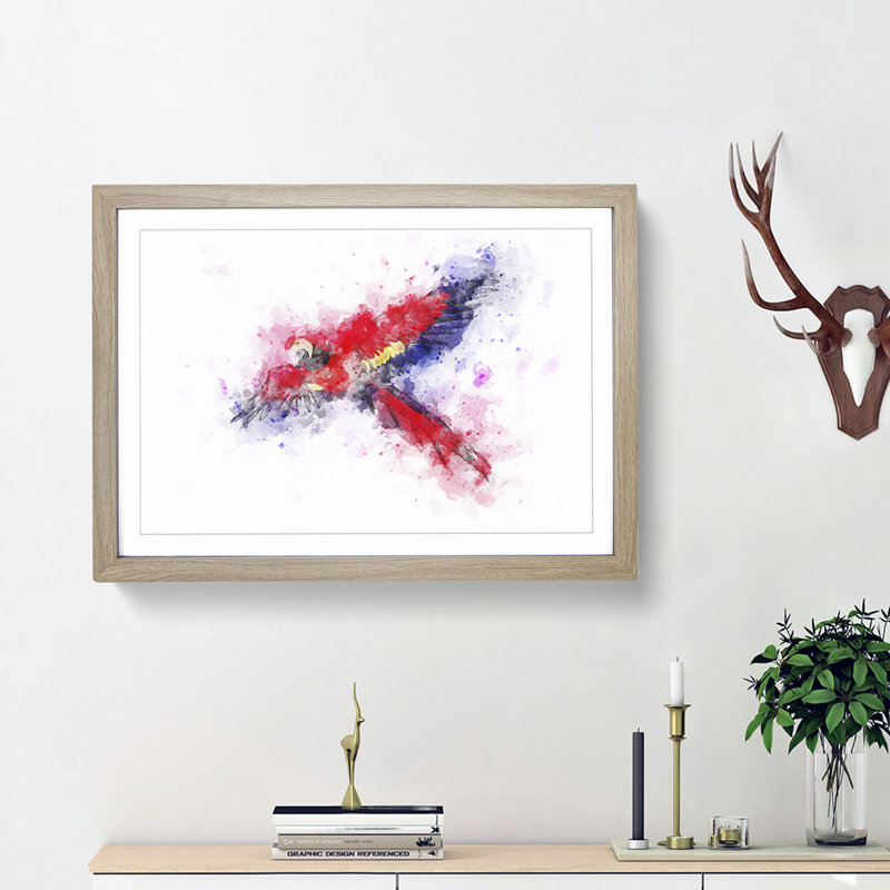 Scarlet Macaw Parrot in Flight in Abstract - Picture Frame Painting Print, Oak Framed, 27cm H x 36cm W x 2cm D