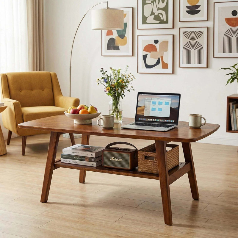 Table basse Mid-Century moderne en chêne massif avec rangement à 2 niveaux, Noyer