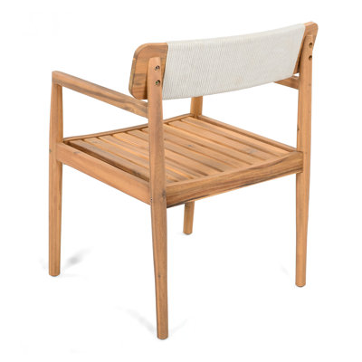 CREATIVE BRAIDED ACACIA WOOD OUTDOOR DINING TABLE AND CHAIRS WITH ARMRESTS, SUITABLE FOR OUTDOOR DINING AND LEISURE PLACES, TEAK LOOK & WHITE ROPE,SET