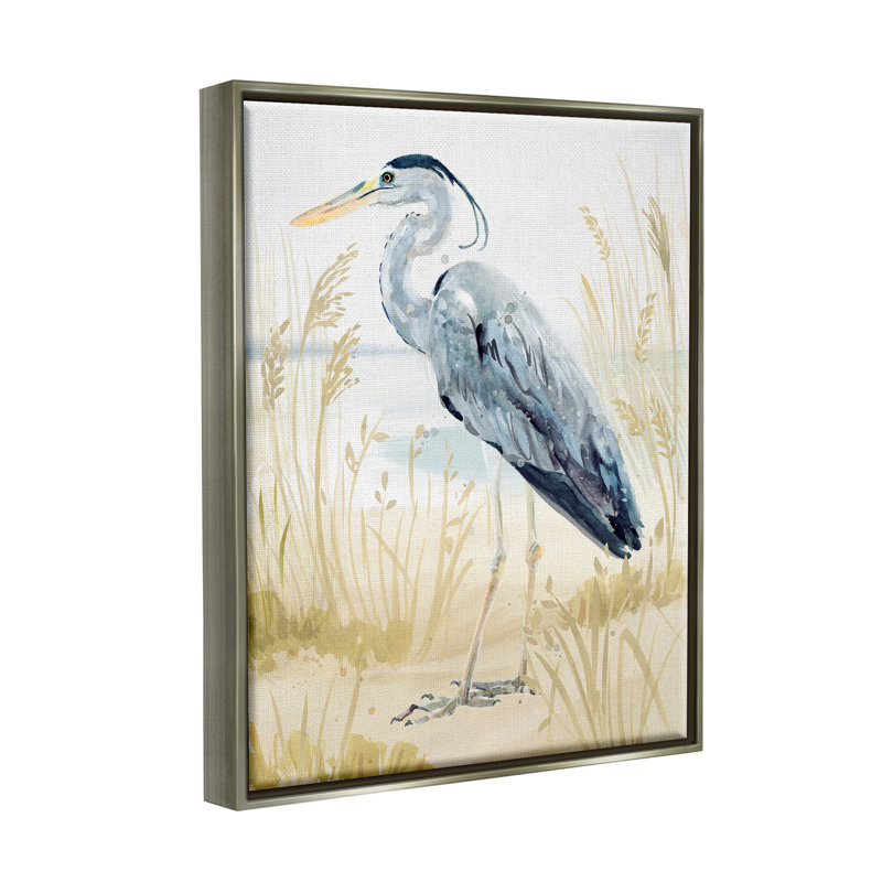 Heron et plage de Victoria Barnes, Cadre flottant gris lustré, H 21 po x l 17 po x P 1,7 po