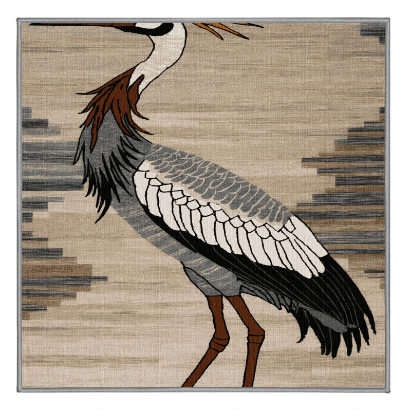 Washable Grey Crowned Crane Wildlife Area Rug, Square 3'