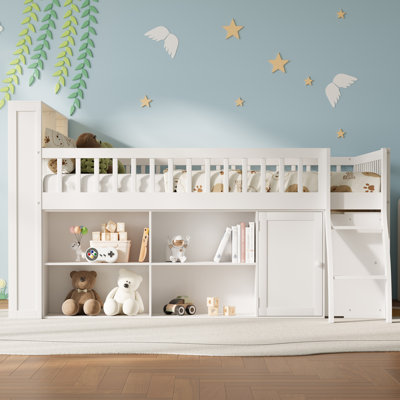 Grand lit mezzanine avec rangement, tête de lit avec lumière DEL, blanc