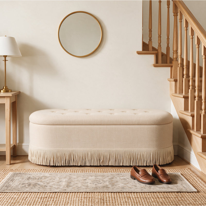 Banc de rangement en lin capitonné de 118 cm avec bordure à franges, Beige
