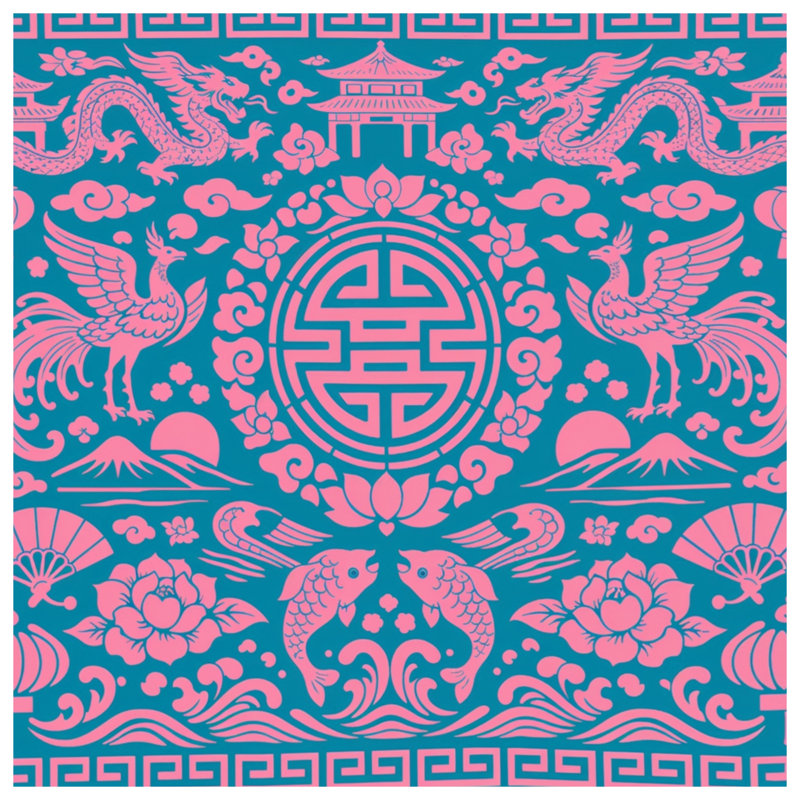 Édredon rose à motifs chinois, Grand lit