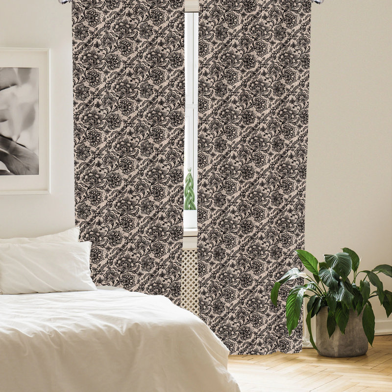 Black Lace Detail Room-Darkening Polyester Curtain Panels, 28" x 63"