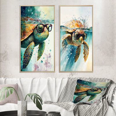 Turtle With Glasses In The Ocean II - Turtle Wall Art Set of 2 Piece