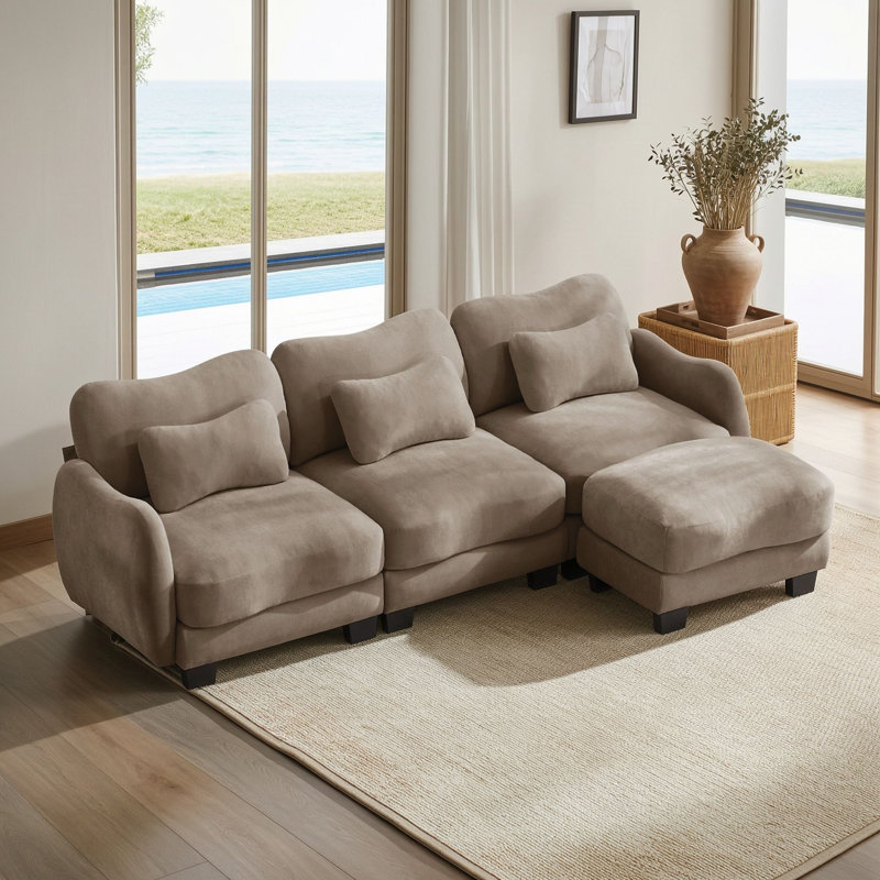 Canapé d'angle trois places en chenille avec pouf amovible et coussins lombaires, Café
