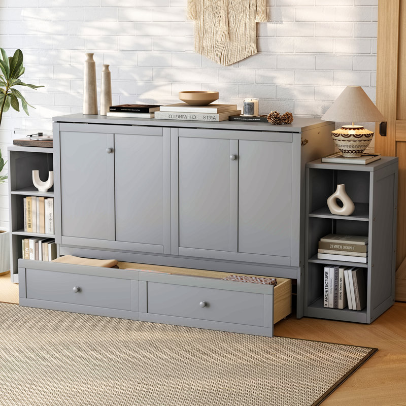 Lit escamotable double avec rangement spacieux, idéal pour les chambres compactes et les chambres d'amis, finition gris clair