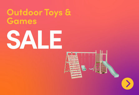 Outdoor Toys & Games SALE featuring a wooden climbing frame with a slide and swings.