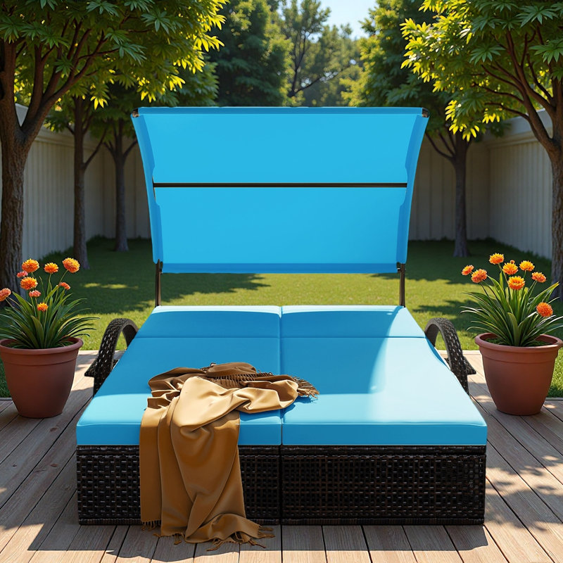 Outdoor Steel Frame Sun Lounger With Curved Sun Canopy, Adjustable Backrest, Hidden Side Table And Arched Armrests, Blue