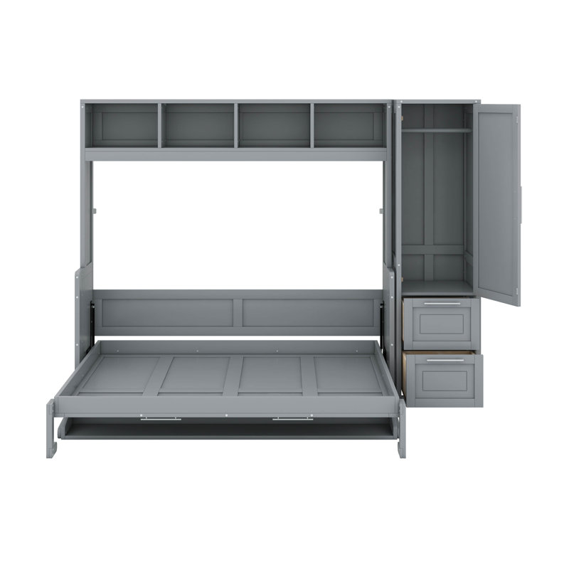 Grand lit escamotable mural avec tiroirs et garde-robe, Gris