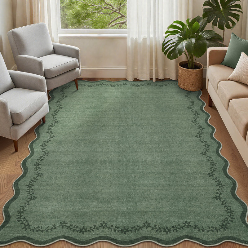 Floral Scalloped Non Slip Washable Area Rug for Living Room Bedroom, Low Pile  Thin Solid Home Decor Carpet, Green